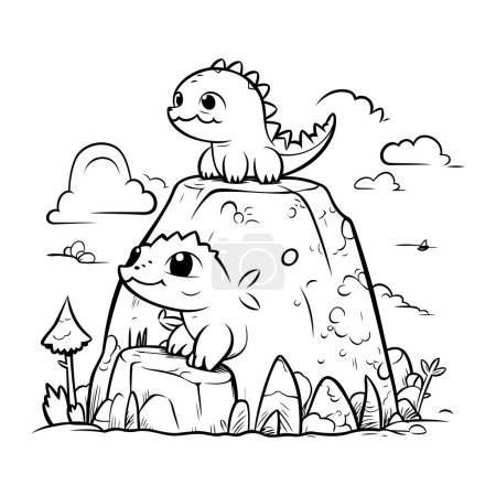 Téléchargez les illustrations : Illustration vectorielle du dinosaure de bande dessinée sur pierre. Livre à colorier pour enfants - en licence libre de droit