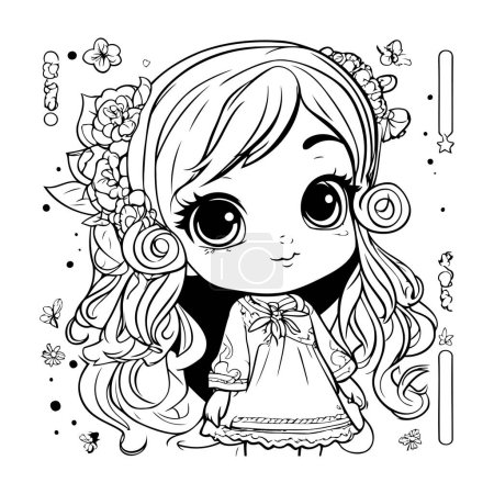 Illustration for Cute little girl with a bell. Black and white vector illustration. - Royalty Free Image