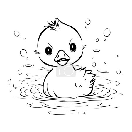 Illustration for Cute duckling swimming in the water. Black and white vector illustration. - Royalty Free Image
