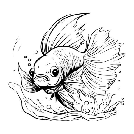 Ilustración de Pez dorado en el mar. Ilustración vectorial en blanco y negro. - Imagen libre de derechos