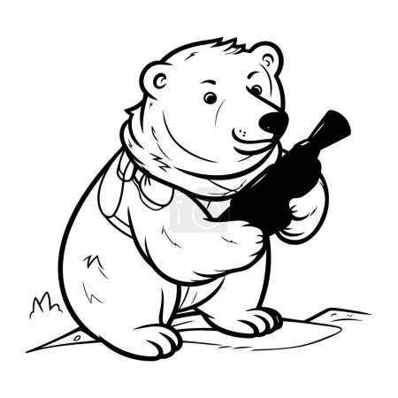 Téléchargez les illustrations : Dessin animé noir et blanc illustrant le caractère animal de l'ours blanc avec fusil pour livre à colorier - en licence libre de droit