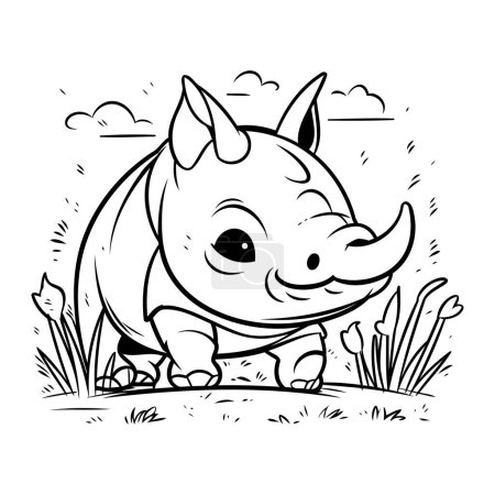 Ilustración de Lindo rinoceronte de dibujos animados. Ilustración vectorial en blanco y negro. - Imagen libre de derechos