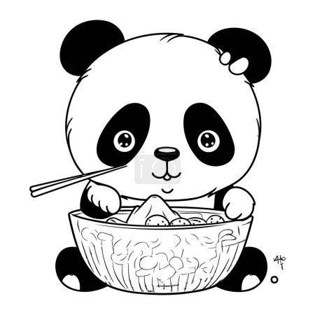 Téléchargez les illustrations : Panda mangeant un bol de riz avec des baguettes. Illustration vectorielle noir et blanc. - en licence libre de droit