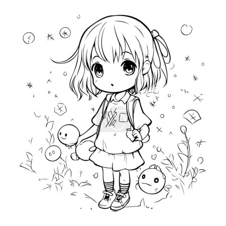 Illustration for Cute little girl in the forest. Vector illustration for coloring book. - Royalty Free Image