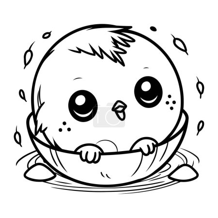 Téléchargez les illustrations : Dessin animé noir et blanc Illustration du personnage mignon de bébé oiseau assis dans l'eau - en licence libre de droit