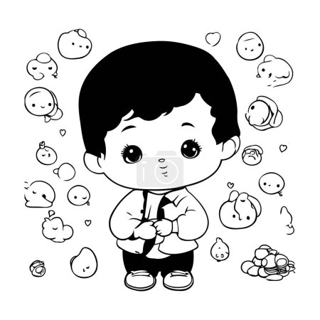 Illustration for Cute little boy with speech bubbles around him. Vector illustration. - Royalty Free Image
