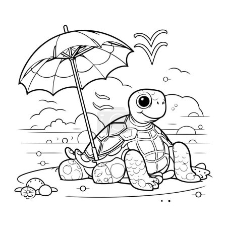 Téléchargez les illustrations : Coloriage contour de tortue de bande dessinée sous parapluie. Illustration vectorielle - en licence libre de droit