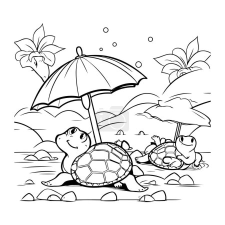 Téléchargez les illustrations : Tortues et parasols sur la plage. Illustration vectorielle noir et blanc. - en licence libre de droit