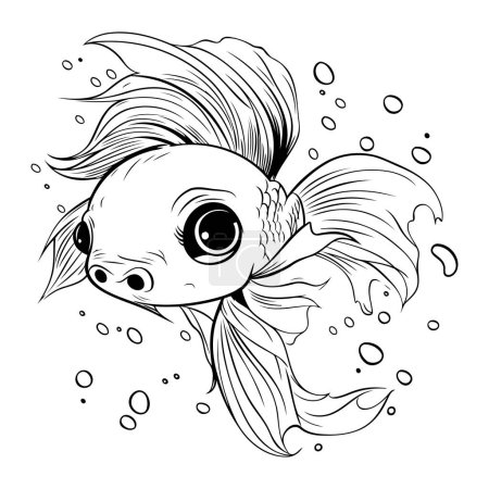 Téléchargez les illustrations : Illustration en noir et blanc d'un poisson rouge nageant dans l'eau. - en licence libre de droit