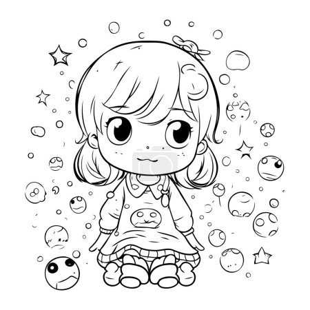 Illustration for Cute little girl in space. Vector illustration for coloring book. - Royalty Free Image