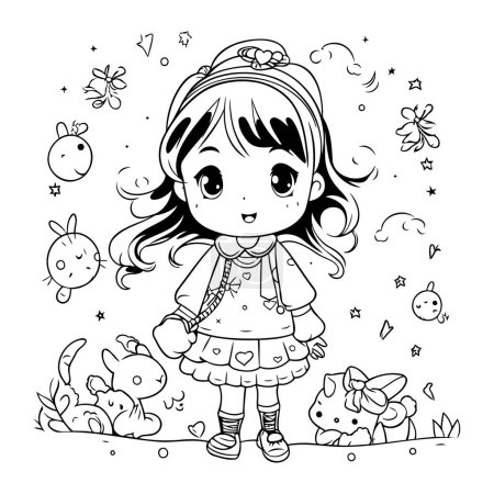 Illustration for Cute little girl with a rabbit. Vector illustration for coloring book. - Royalty Free Image