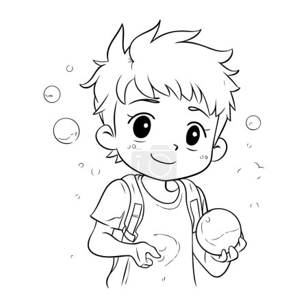 Photo for Coloring Page Outline Of a Kid Boy Playing with Soap Bubbles - Royalty Free Image