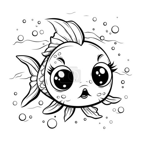 Téléchargez les illustrations : Illustration de dessin animé noir et blanc de personnage de poisson mignon pour livre à colorier - en licence libre de droit