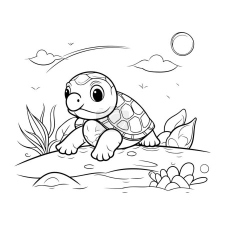 Téléchargez les illustrations : Jolie tortue de dessin animé sur le rocher. Livre à colorier pour enfants. - en licence libre de droit