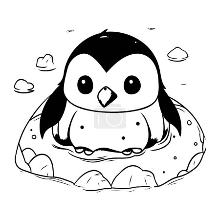 Illustration for Penguin on an ice hole. Black and white vector illustration. - Royalty Free Image