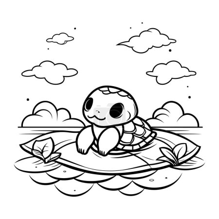 Téléchargez les illustrations : Dessin animé noir et blanc illustrant un personnage animal de tortue mignon flottant sur l'eau - en licence libre de droit