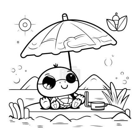Illustration for Black and White Cartoon Illustration of Cute Little Turtle with Umbrella - Royalty Free Image