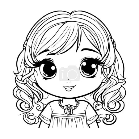 Ilustración de Linda niña con el pelo largo y rizado. Ilustración vectorial para colorear libro. - Imagen libre de derechos