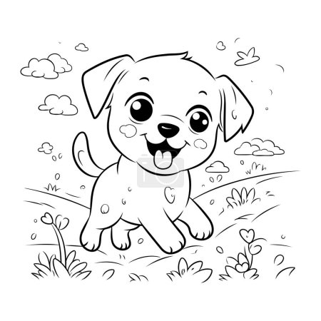 Téléchargez les illustrations : Mignon chien de dessin animé sur la prairie. Illustration vectorielle pour livre à colorier. - en licence libre de droit