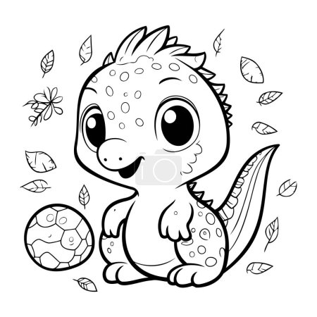 Téléchargez les illustrations : Mignon dinosaure dessin animé avec une boule et des feuilles. Illustration vectorielle. - en licence libre de droit