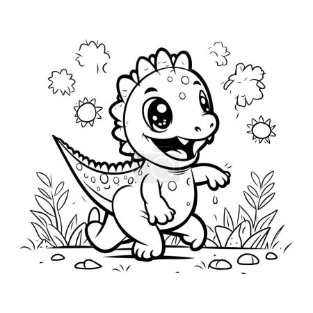 Ilustración de Lindo dinosaurio de dibujos animados en el jardín. Ilustración vectorial para colorear libro. - Imagen libre de derechos