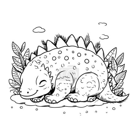 Ilustración de Pequeño dinosaurio lindo durmiendo en la hierba. colorear libro vector ilustración diseño - Imagen libre de derechos
