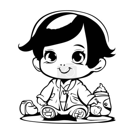 Illustration for Cute Little Boy Sitting on the Floor and Smiling   Coloring Book - Royalty Free Image