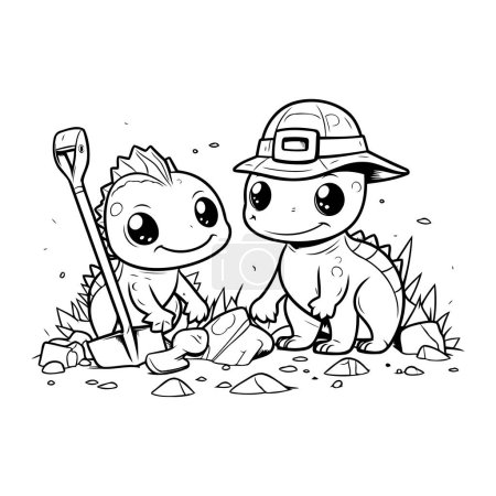 Illustration for Outline illustration of two cute dinosaurs digging a grave with a shovel - Royalty Free Image
