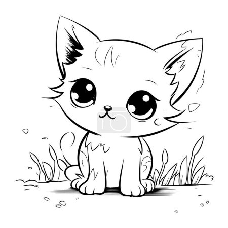 Illustration for Cute little kitten sitting on the grass. Vector illustration for coloring book. - Royalty Free Image