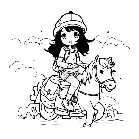 Illustration for Illustration of a girl riding a motorcycle in the steppe. - Royalty Free Image