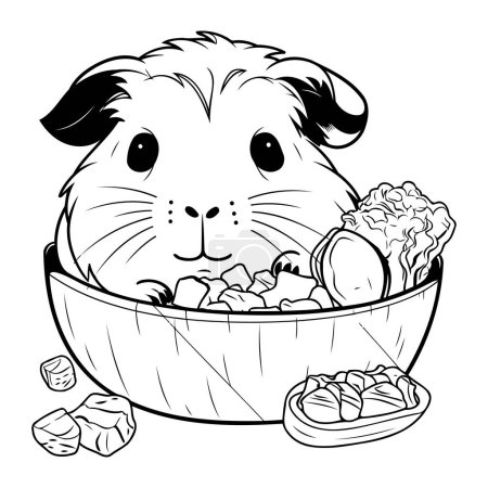 Téléchargez les illustrations : Illustration en noir et blanc d'un cobaye avec un bol de nourriture. - en licence libre de droit
