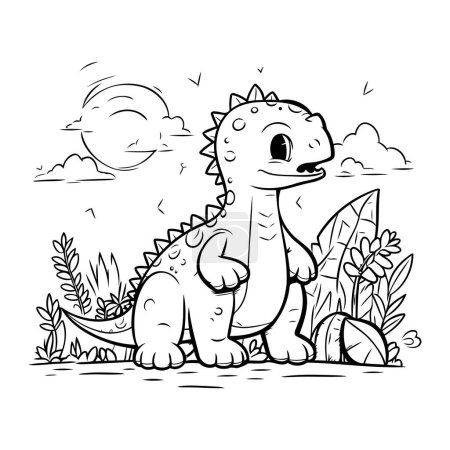Téléchargez les illustrations : Joli dinosaure dans la jungle. Illustration vectorielle pour enfants livre à colorier. - en licence libre de droit