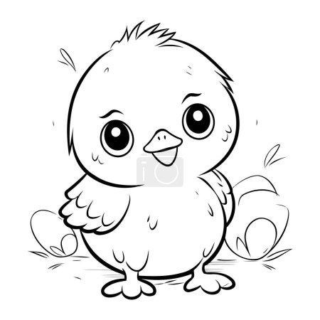 Téléchargez les illustrations : Illustration de dessin animé noir et blanc de mignon petit poulet personnage animal pour livre à colorier - en licence libre de droit