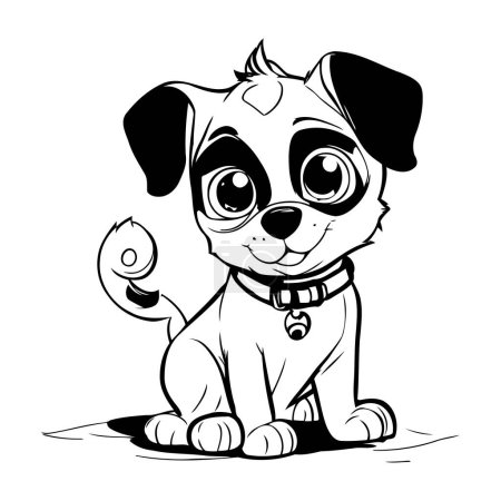 Illustration for Black and white illustration of a cute cartoon dog sitting on the ground. - Royalty Free Image