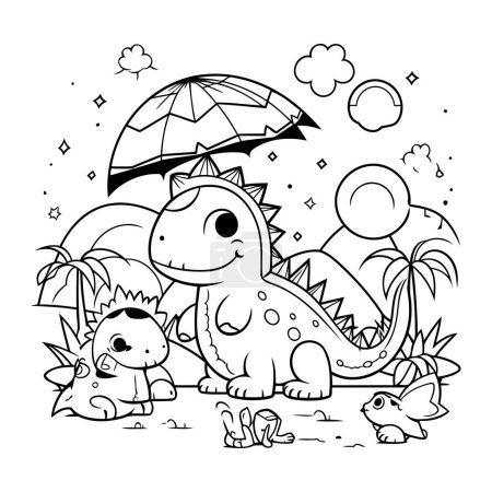 Ilustración de Página para colorear Esquema de dinosaurios de dibujos animados. Ilustración vectorial. - Imagen libre de derechos