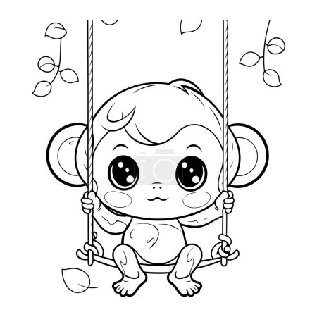 Illustration for Cute baby monkey swinging on a swing. Coloring book for children. - Royalty Free Image