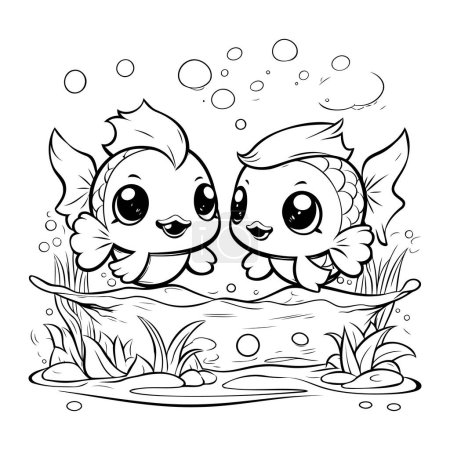 Téléchargez les illustrations : Coloriage Aperçu de deux poissons de dessin animé mignon nageant sous l'eau. - en licence libre de droit