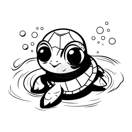 Téléchargez les illustrations : Illustration vectorielle noir et blanc d'une jolie tortue dessin animé nageant dans la mer. - en licence libre de droit