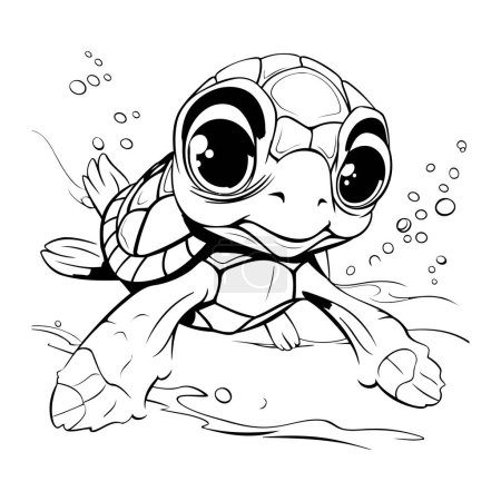Téléchargez les illustrations : Mignon dessin animé tortue nager dans la mer. illustration vectorielle noir et blanc - en licence libre de droit