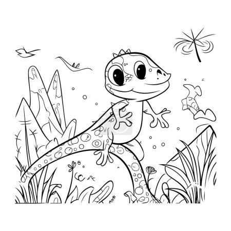 Ilustración de Página para colorear para niños. Lindo lagarto en el bosque. - Imagen libre de derechos