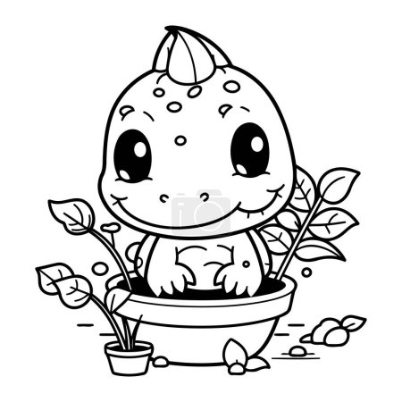 Téléchargez les illustrations : Mignon petit monstre en pot de fleurs. Illustration vectorielle pour livre à colorier. - en licence libre de droit