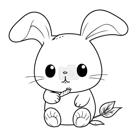 Téléchargez les illustrations : Mignon lapin avec des feuilles dessin animé vecteur illustration graphique en noir et blanc - en licence libre de droit