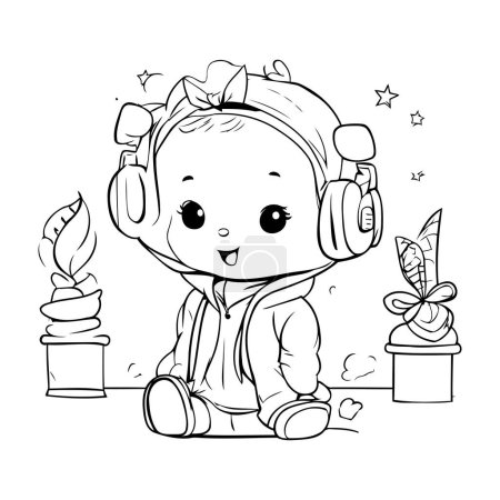 Illustration for Cute little girl listening to music with headphones. Vector illustration. - Royalty Free Image