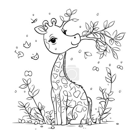 Téléchargez les illustrations : Jolie girafe de dessin animé avec des feuilles. Illustration vectorielle pour livre à colorier. - en licence libre de droit