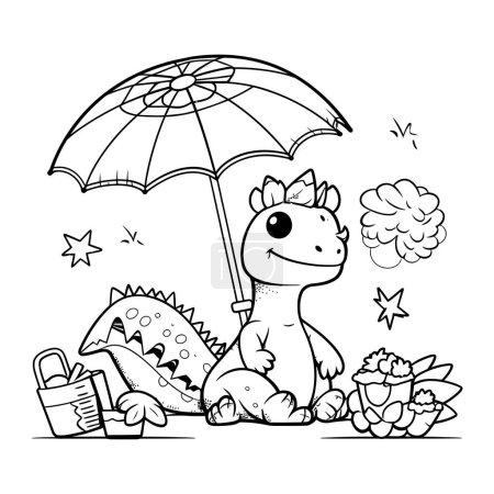 Illustration for Coloring Page Outline Of cute cartoon dinosaur with umbrella. Vector illustration. - Royalty Free Image
