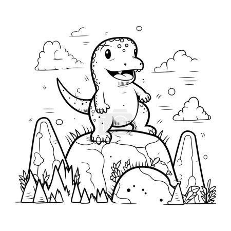 Téléchargez les illustrations : Joli dinosaure sur un rocher. Illustration vectorielle pour livre à colorier. - en licence libre de droit