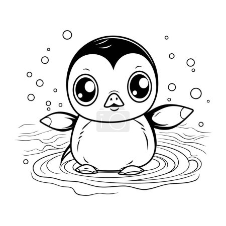 Ilustración de Lindo pingüino bebé en el agua. Ilustración vectorial en blanco y negro. - Imagen libre de derechos