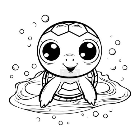 Téléchargez les illustrations : Mignon dessin animé tortue nager dans une piscine. Illustration vectorielle noir et blanc. - en licence libre de droit