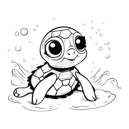 Téléchargez les illustrations : Mignon dessin animé tortue nager dans l'eau. illustration vectorielle noir et blanc. - en licence libre de droit