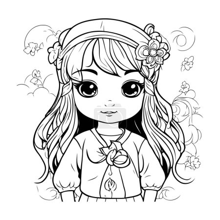 Ilustración de Hermosa chica con flores. Ilustración en blanco y negro para colorear libro. - Imagen libre de derechos